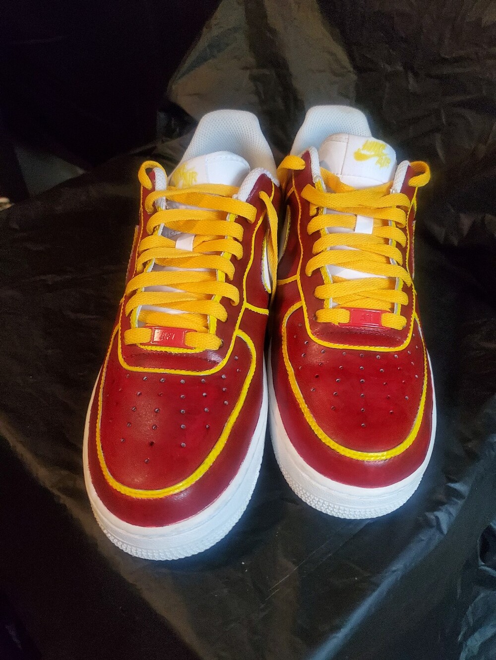 Mens  Burgundy and Yellow Low-Top Airforce 1s Custom  Sneakers